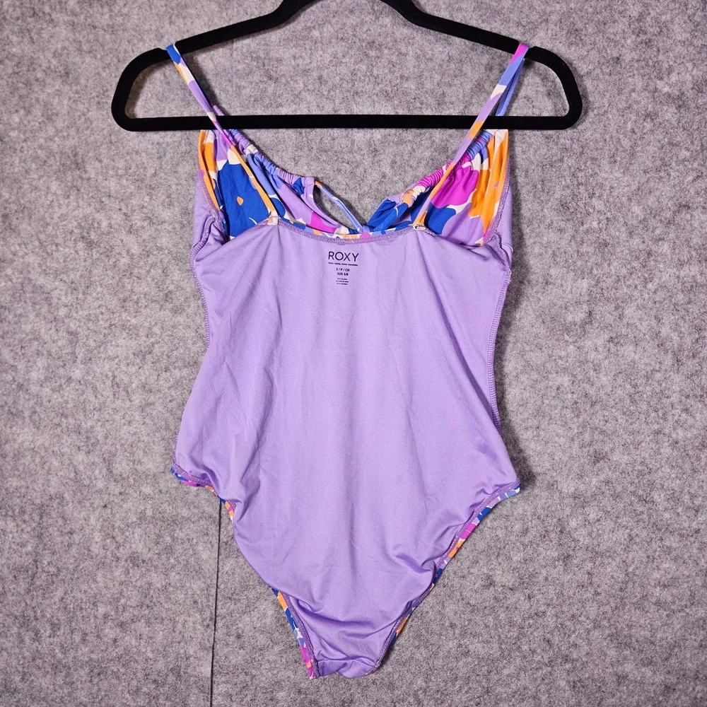 Roxy Girls Purple Floral One Piece Swimsuit Tie Front Ruched Beachwear Small
